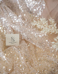 Mysteria - Mystic Beige Crystal Clear Beads & Sequin Tulle, Premium Heavy Bead Tulle Mesh Fabric by the Yard for Bridal Dress, Exclusive