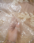 Mysteria - Mystic Beige Crystal Clear Beads & Sequin Tulle, Premium Heavy Bead Tulle Mesh Fabric by the Yard for Bridal Dress, Exclusive