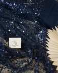 Starlight - Navy Blue Heavy Beaded & Sequined Mesh, Designer Quality Material by the Yard with Crystal Pearls for Evening Gowns, Special Events