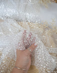 Mysteria - Off White Crystal Clear Beads & Sequin on Soft Mesh, Premium Bridal Embellished Fabric by the Yard for Wedding Gowns, Exclusive