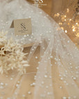 Ariel - Off White Regular Extra Beaded Pearl Tulle for Bridal Gowns & Veils, Soft Scattered Mesh with Pearls in Two Sizes by the Yard