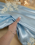 Amore - Pale Soft Blue Dense Satin Fabric, Glossy Non-Stretch Premium Material with Sturdy Drape for Bridesmaid Dresses, Baby Bedding, Table Linens