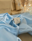 Amore - Pale Soft Blue Dense Satin Fabric, Glossy Non-Stretch Premium Material with Sturdy Drape for Bridesmaid Dresses, Baby Bedding, Table Linens