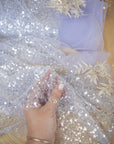 Mysteria - Pastel Lavender Sparkling Sequin & Beads on Soft Mesh, Premium Quality Crystal Clear Embellished Fabric for Dress, Exclusive