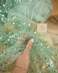 Starlight - Pastel Mint Delicate Heavy Beaded & Sequined Mesh, Quality Material by the Yard with Pearls for Baby Dresses, Special Events