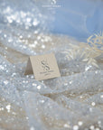 Mysteria - Powder Blue Crystal Clear Beads & Sequin on Soft Mesh, Premium Scattered Embellished Fabric for Evening Wear, Exclusive