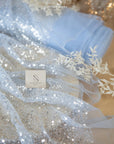 Mysteria - Powder Blue Crystal Clear Beads & Sequin on Soft Mesh, Premium Scattered Embellished Fabric for Evening Wear, Exclusive