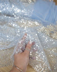 Mysteria - Powder Blue Crystal Clear Beads & Sequin on Soft Mesh, Premium Scattered Embellished Fabric for Evening Wear, Exclusive