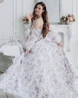 Magic - Purple Lavender Field Matte Floral Organza by the Yard, Soft Bridal Printed Organza Fabric with Lavender Blooms for Wedding Dresses
