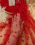 Ariel - Red Regular Extra Beaded Pearl Tulle for Gowns, Costumes & Event Decor, Statement Mesh with Pearls in Two Sizes by the Yard