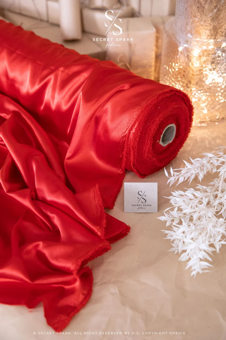 Iconic Silky Satin - Red Color Soft Silky Satin Airy & Light Weight Fabric, One Way Stretch Satin Fabric for Decorations, Clothing, Wholesale