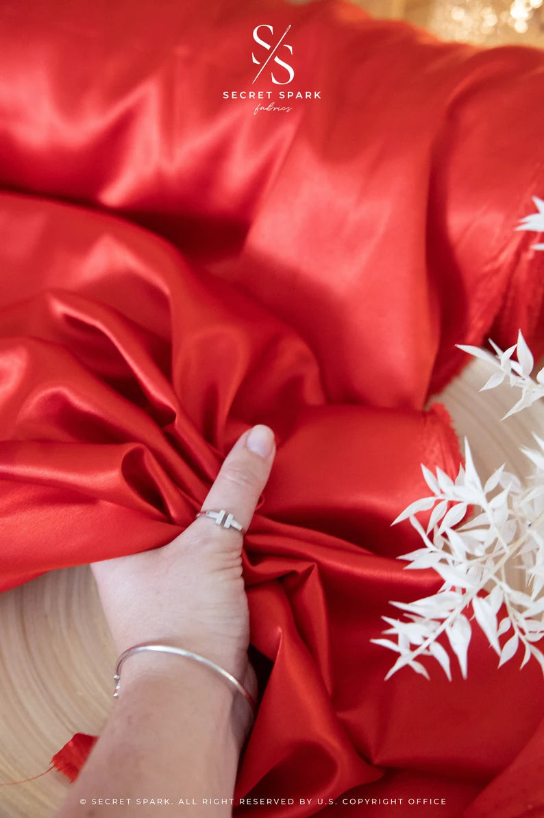 Iconic Silky Satin - Red Color Soft Silky Satin Airy & Light Weight Fabric, One Way Stretch Satin Fabric for Decorations, Clothing, Wholesale