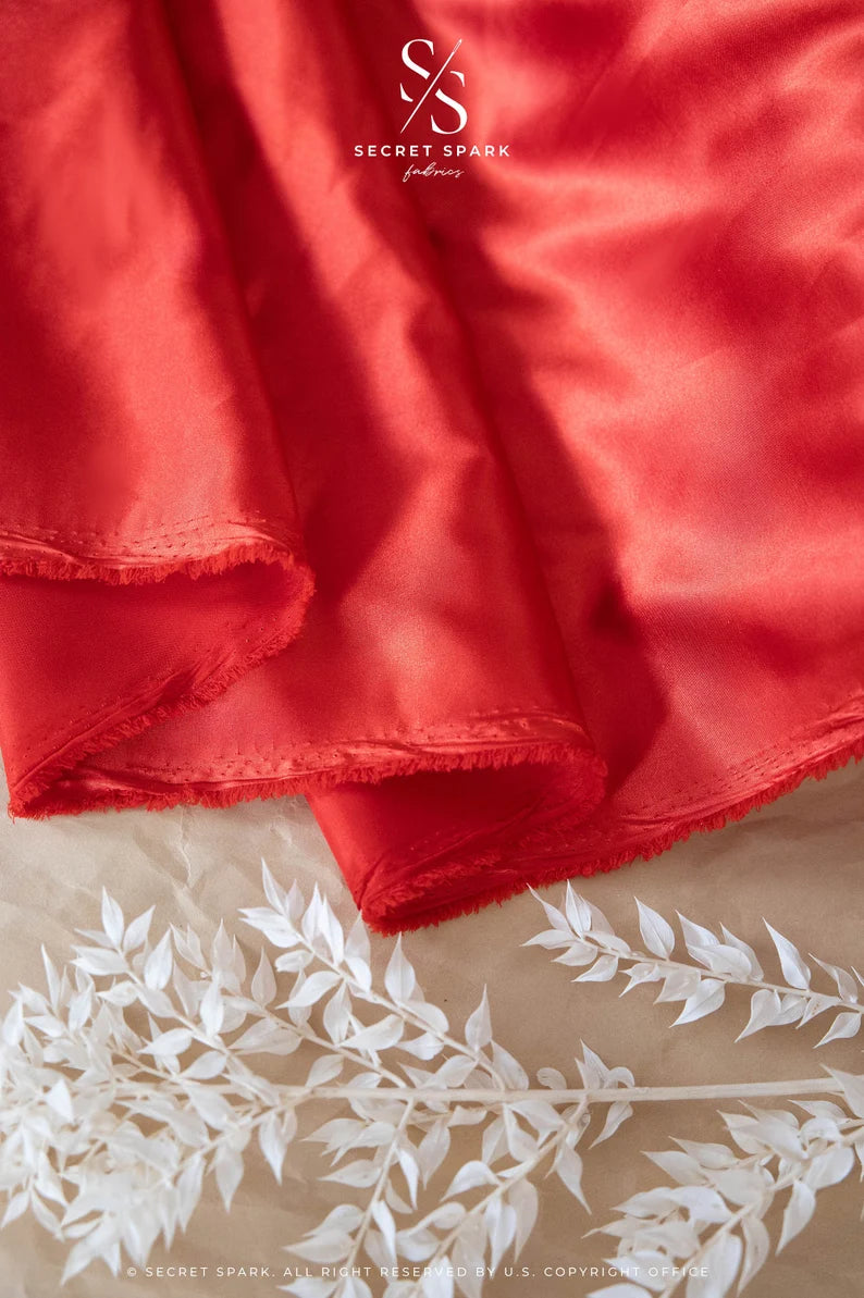 Iconic Silky Satin - Red Color Soft Silky Satin Airy & Light Weight Fabric, One Way Stretch Satin Fabric for Decorations, Clothing, Wholesale