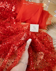 Starlight - Red Sparkle Heavy Beaded & Sequined Mesh, Premium Quality Material by the Yard with Crystal Beads for Evening Gowns, Stage Wear