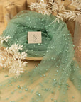 Ariel - Sage Green Regular Extra Beaded Pearl Tulle for Dresses, Accessories & Decor, Soft Mesh with Pearls in Two Sizes by the Yard
