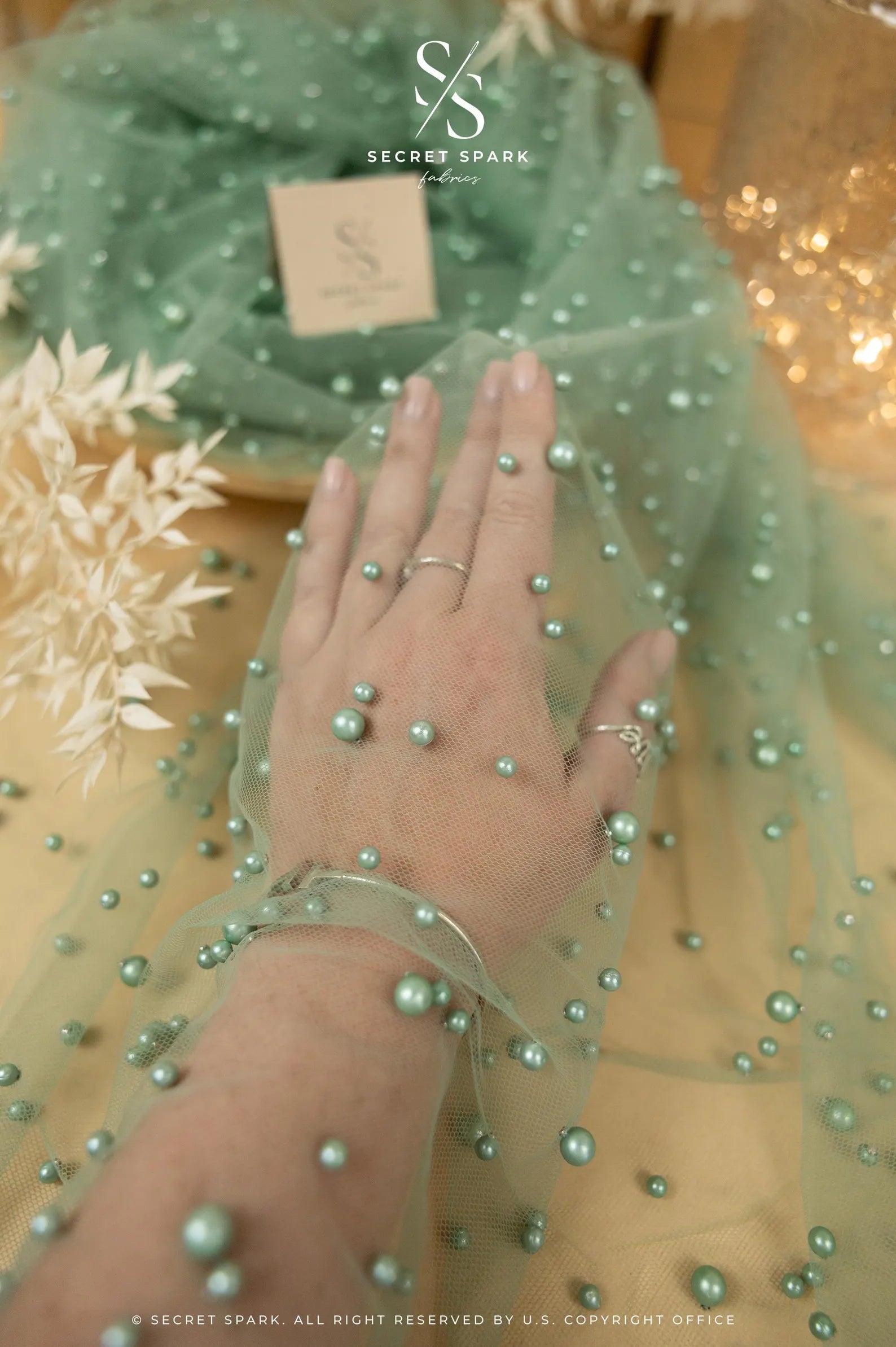 Sage Green Regular Pearl Mesh | Dense | for Dresses & Decor Secret Spark Fabrics Sage Green Regular Pearl Mesh | Dense | for Dresses & Decor Secret Spark Fabrics