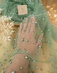 Ariel - Sage Green Regular Extra Beaded Pearl Tulle for Dresses, Accessories & Decor, Soft Mesh with Pearls in Two Sizes by the Yard