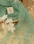 Ariel - Sage Green Regular Extra Beaded Pearl Tulle for Dresses, Accessories & Decor, Soft Mesh with Pearls in Two Sizes by the Yard