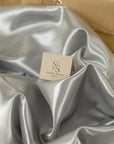 Amore - Silver Gray Glossy Satin Fabric, Dense Non-Stretch Sturdy Material for Evening Gowns, Decorative Curtains, Bridal Sashes, Sophisticated Bedding