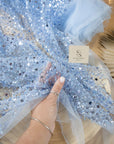 Starlight - Soft Blue Delicate Heavy Beaded & Sequined Mesh, Premium Quality Material by the Yard for Baby Shower, Evening Events
