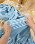 Rich - Soft Blue Stretch Velvet Fabric - Pastel 4-Way Velour for Baby Shower Decor, Nursery Accessories, Fey Dresses & Sewing
