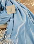 Rich - Soft Blue Stretch Velvet Fabric - Pastel 4-Way Velour for Baby Shower Decor, Nursery Accessories, Fey Dresses & Sewing