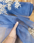 Glimmer Crystal Organza - Steel Blue Color Sheer Premium Crystal Fabric by the Yard, See Through Shiny Material for Evening Wear, Dance Costumes
