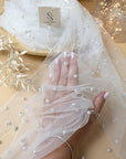 Ariel - White High-End Pearl Tulle Fabric for Veils, Gowns, Couture Details, Soft Heavy Beaded Mesh with Two Sizes of Pearls by the Yard