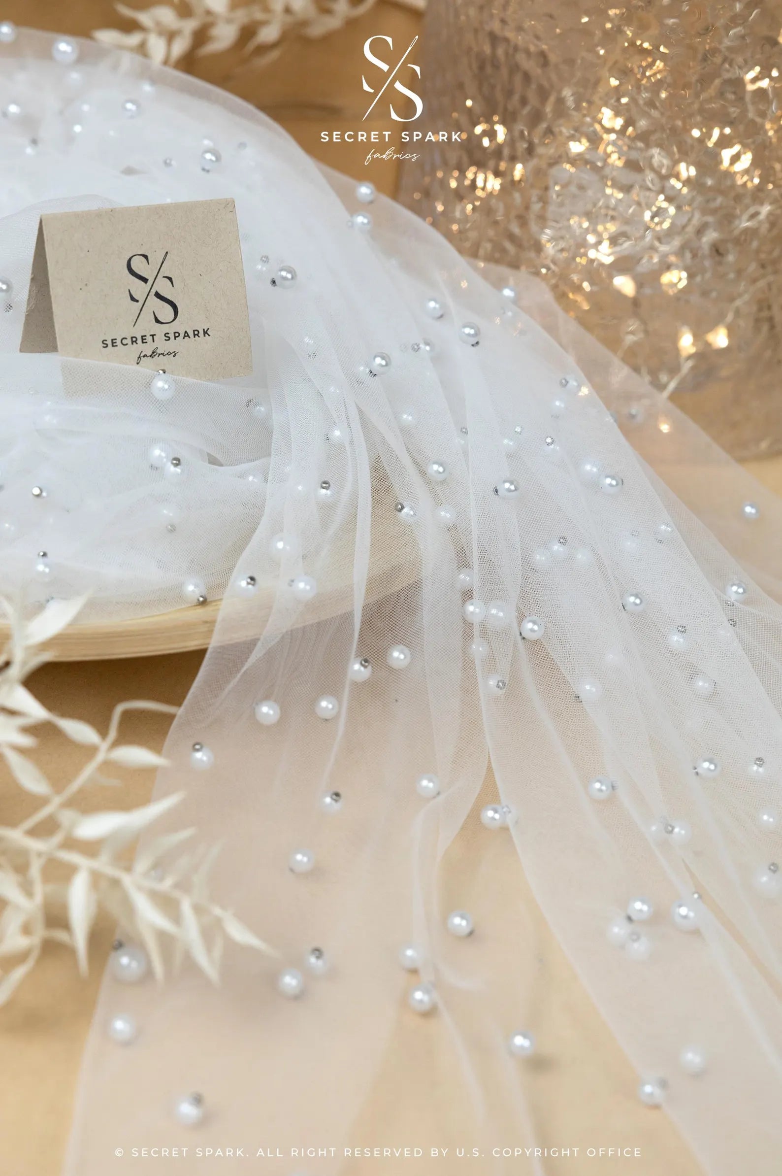 Ariel White High-End Pearl Tulle Fabric for Veils, Gowns, Couture Details, Soft Heavy Beaded Mesh with Two Sizes of Pearls by the Yard