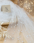 Ariel - White High-End Pearl Tulle Fabric for Veils, Gowns, Couture Details, Soft Heavy Beaded Mesh with Two Sizes of Pearls by the Yard