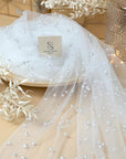 Ariel - White High-End Pearl Tulle Fabric for Veils, Gowns, Couture Details, Soft Heavy Beaded Mesh with Two Sizes of Pearls by the Yard