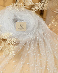 Ariel - White Regular Extra Beaded Pearl Tulle for Veils & Bridal Dresses, Soft Mesh Fabric with Scattered Pearls in Two Sizes