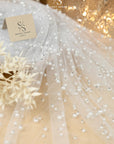 Ariel - White Regular Extra Beaded Pearl Tulle for Veils & Bridal Dresses, Soft Mesh Fabric with Scattered Pearls in Two Sizes
