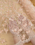 Secret Garden - Creamy Blush 3D Lace Fabric with Pearls & Flowers – Tulle for Baby Dresses, Hair Accessories, Hats, Couture DIY, Appliqué