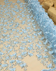 Secret Garden - Soft Blue 3D Floral Lace with Sequins & Chiffon Flowers – Tulle for Christening Gowns, Fairy Wings, Doll Clothes, Babywear