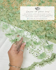 Secret Garden - Pistachio Green 3D Floral Lace with Pearls & Petals – Tulle for Garden Weddings, Baby Dresses, Invitations, Flatlays, Decor