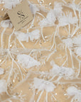 Secret Garden - White 3D Floral Lace with Chiffon Flowers, Pearls & Sequins – Embroidered Tulle Fabric for Wedding Dresses, Veils, Capes