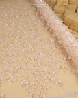 Secret Garden - Creamy Blush 3D Lace Fabric with Pearls & Flowers – Tulle for Baby Dresses, Hair Accessories, Hats, Couture DIY, Appliqué