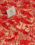 Secret Garden - Red 3D Lace with Pearls, Sequins & Flowers – Dramatic Tulle for Evening Capes, Gloves, Headpieces, Spanish-Inspired Dresses
