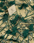 Secret Garden - Emerald Green 3D Lace with Pearls & Flowers – Rich Tulle Fabric for Costumes, Luxury Capes, Theatrical Gowns, Table Styling
