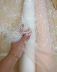 Coral Reef - Ivory Lace Fabric Sea Themed Bridal Beaded Lace with Pearls & Sequins, Mesh Lace for Wedding Gowns, Couture Dresses with Corals