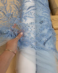 Coral Reef - Soft Blue Beaded Lace with Coral Motif, Ocean-Inspired Mesh Embroidered with Sequins & Pearls, Bridal Sea Theme Fabric