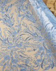 Coral Reef - Soft Blue Beaded Lace with Coral Motif, Ocean-Inspired Mesh Embroidered with Sequins & Pearls, Bridal Sea Theme Fabric