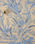 Coral Reef - Soft Blue Beaded Lace with Coral Motif, Ocean-Inspired Mesh Embroidered with Sequins & Pearls, Bridal Sea Theme Fabric