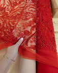 Coral Reef - Red Beaded Lace Fabric Sea Corals, Sequin Lace with Pearls, Ocean Theme Tulle with Embroidery for Gowns, Mermaid Dresses