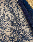Coral Reef - Navy Blue Beaded Corals Lace Fabric with Sequins & Pearls, Ocean-Inspired Tulle for Evening Dresses, Couture Mesh Lace by the Yard