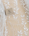 Leaves Love - Off white 3D Floral Leaf Lace with Sequins & Beads, Embroidered Botanical Mesh Tulle for Bridal Dresses, Gowns, Veils