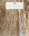Leaves Love - Honey Gold - 3D Floral Leaf Lace with Sequins & Beads, Embroidered Botanical Mesh Tulle for Bridal Gowns, Couture Eveningwear, Luxury Caps by the Yard