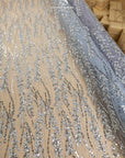 Leaves Love - Silver Gray 3D Leaves and Sequins Embroidery on Mesh, Leaf Floral Lace Fabric for Gowns, Dresses, Evening & Bridal Looks
