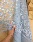 Leaves Love - Soft Blue Leaf Beaded Lace Fabric, 3D Leaves & Sequins Embroidery on Mesh for Dresses, Bridal Gowns, Couture Design
